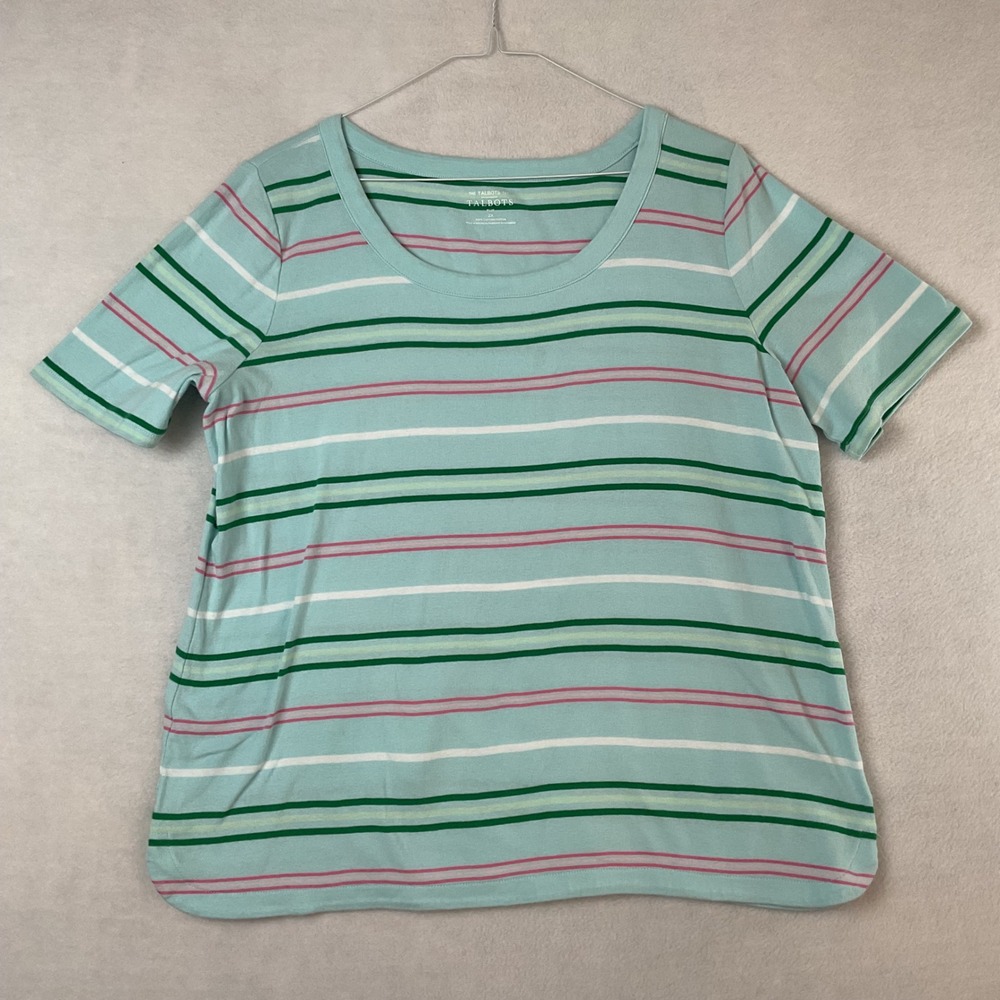 Talbots Tee Plus 2X Aqua Green Pink Striped Cotton Scoop Neck Short Sleeve Top